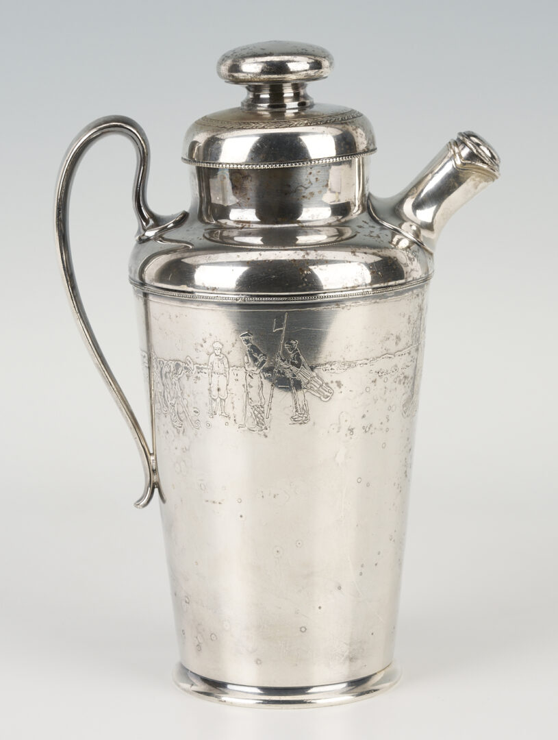 Lot 1261: Silverplated Golf Theme Cocktail Shaker, Meat Dome and Bacon Server