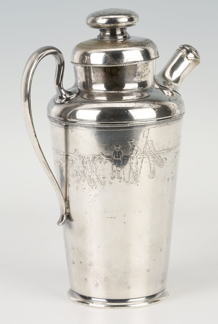 Lot 1261: Silverplated Golf Theme Cocktail Shaker, Meat Dome and Bacon Server