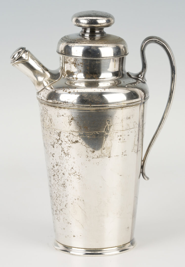 Lot 1261: Silverplated Golf Theme Cocktail Shaker, Meat Dome and Bacon Server