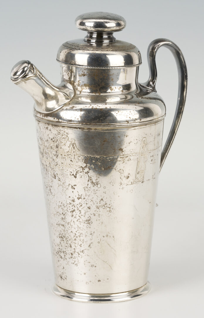 Lot 1261: Silverplated Golf Theme Cocktail Shaker, Meat Dome and Bacon Server