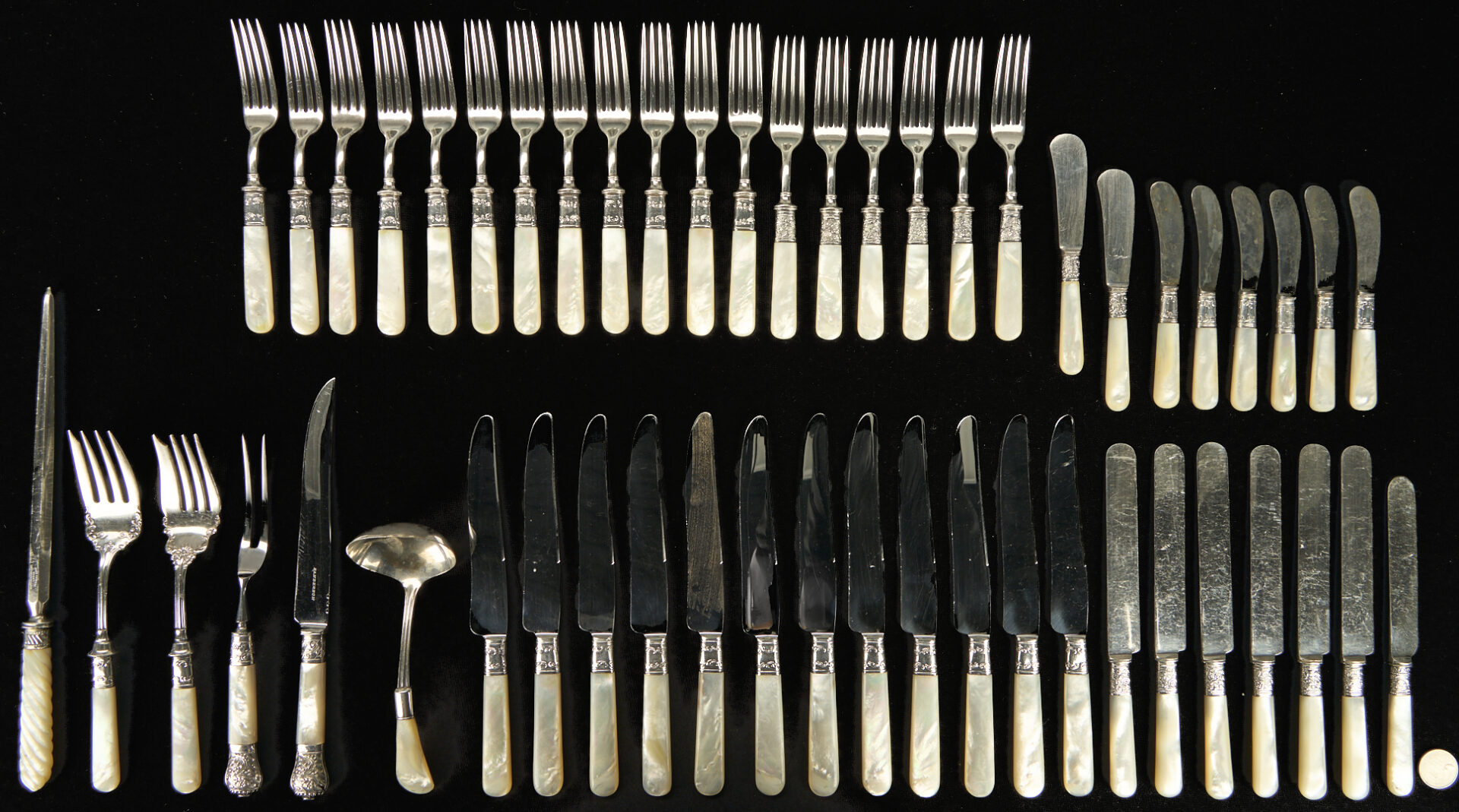 Lot 1262: 51 pcs Sterling and Mother of Pearl Handled Flatware