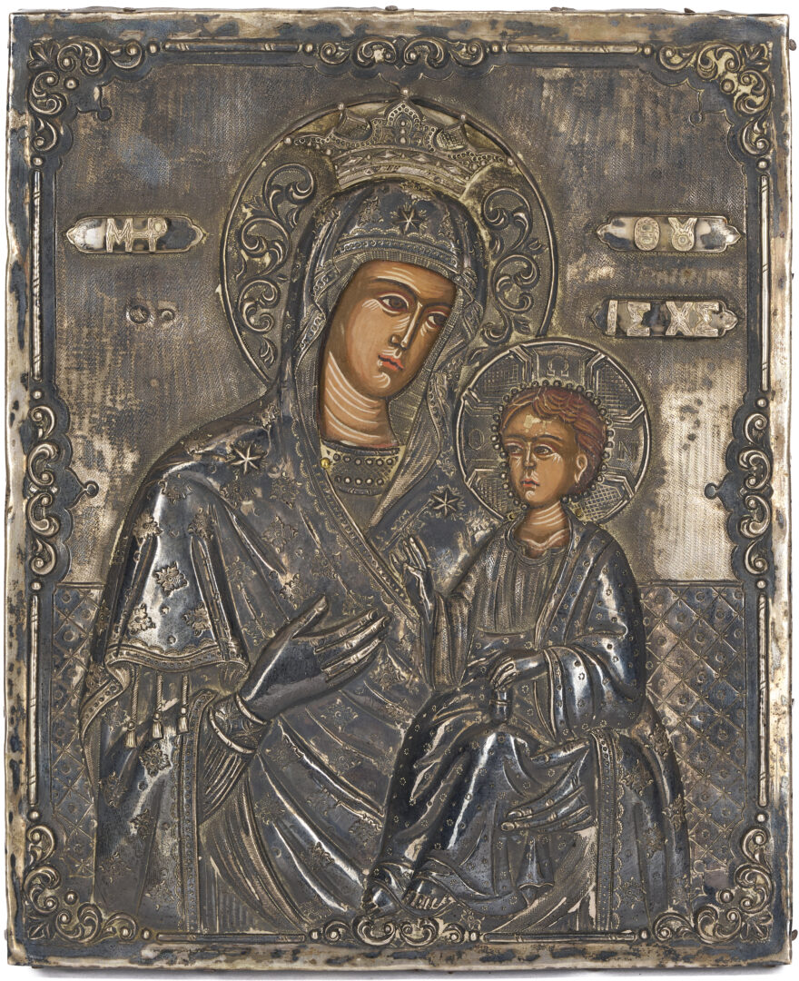 Lot 129: Eastern Orthodox Madonna & Child Icon w/ Silver Oklad