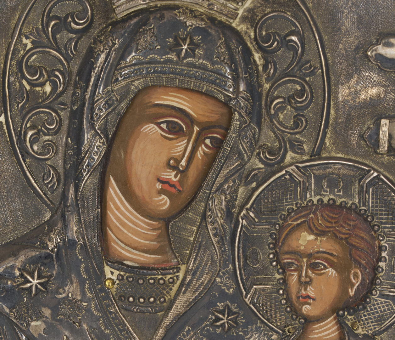 Lot 129: Eastern Orthodox Madonna & Child Icon w/ Silver Oklad