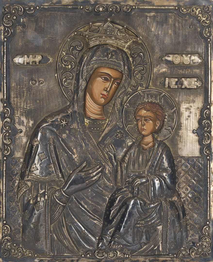 Lot 129: Eastern Orthodox Madonna & Child Icon w/ Silver Oklad