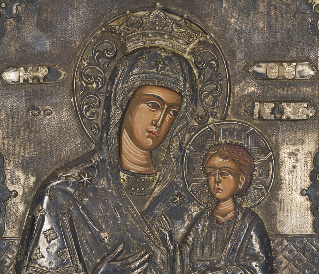 Lot 129: Eastern Orthodox Madonna & Child Icon w/ Silver Oklad