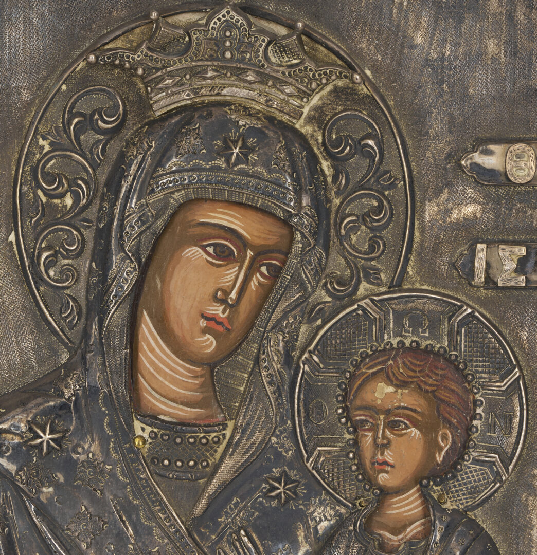 Lot 129: Eastern Orthodox Madonna & Child Icon w/ Silver Oklad