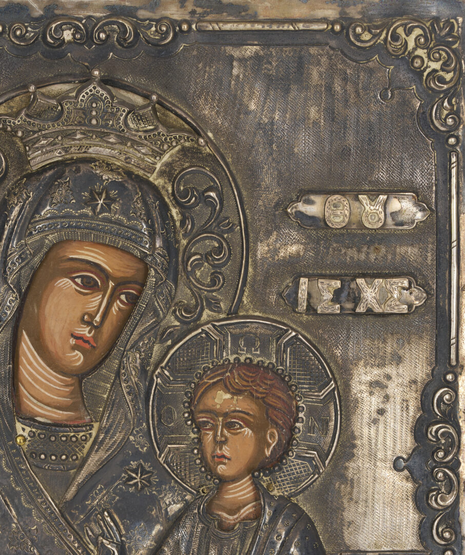 Lot 129: Eastern Orthodox Madonna & Child Icon w/ Silver Oklad