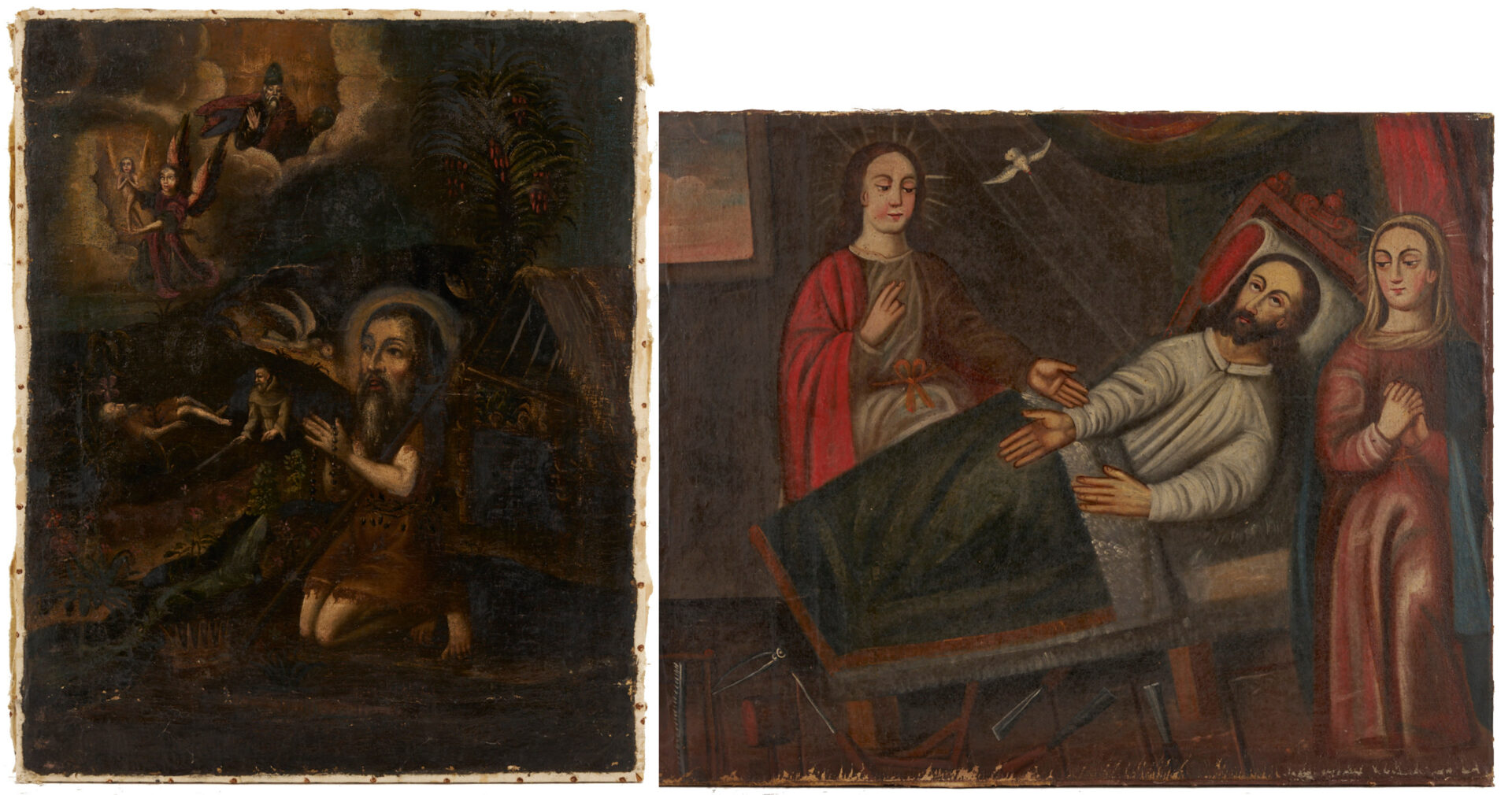 Lot 133: 2 Spanish Colonial Cuzco School Paintings, John the Baptist & Death of Joseph