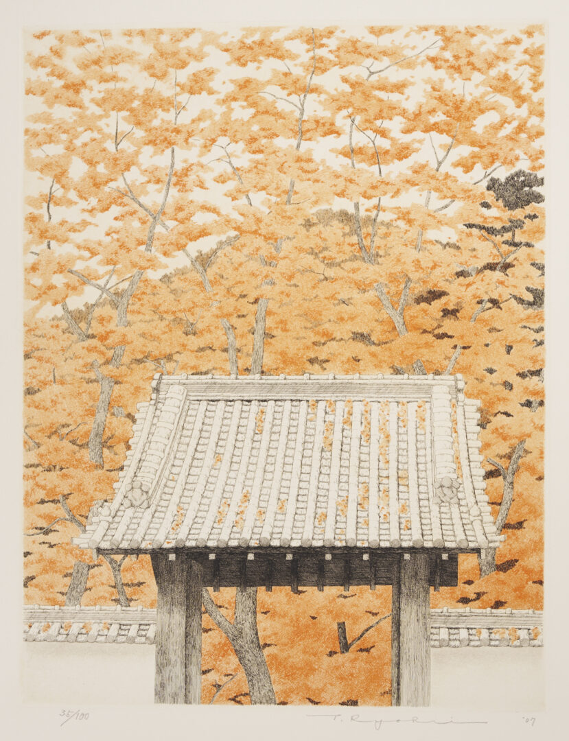 Lot 15: Tanaka Ryohei Color Etching, Autumn Leaves at Daimonji Temple