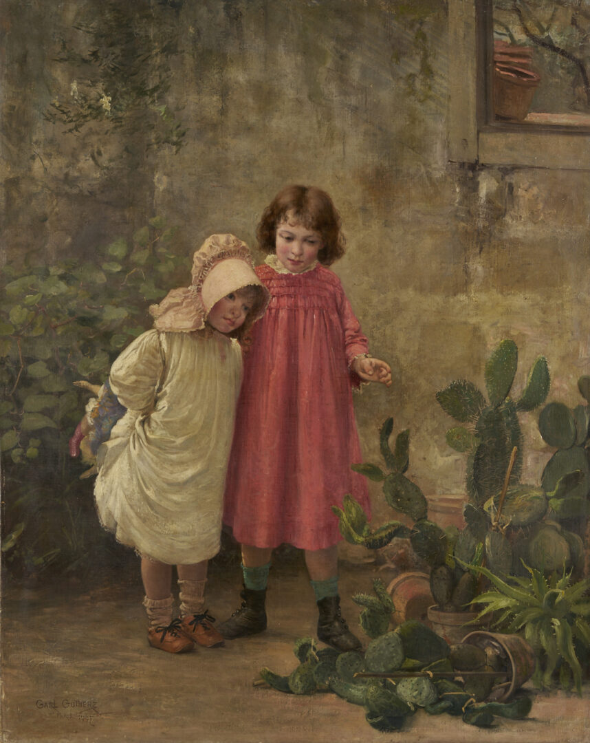 Lot 215: Carl Gutherz O/C Painting, Two Girls w/ Cactus