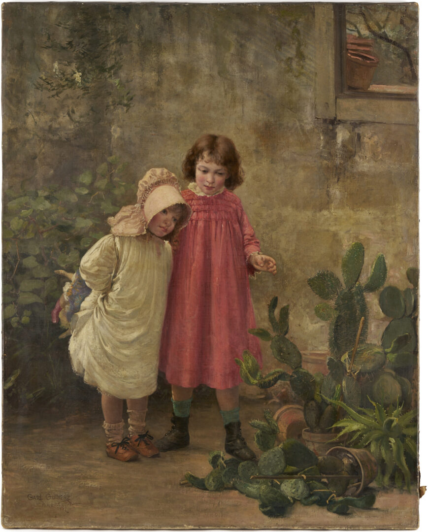 Lot 215: Carl Gutherz O/C Painting, Two Girls w/ Cactus