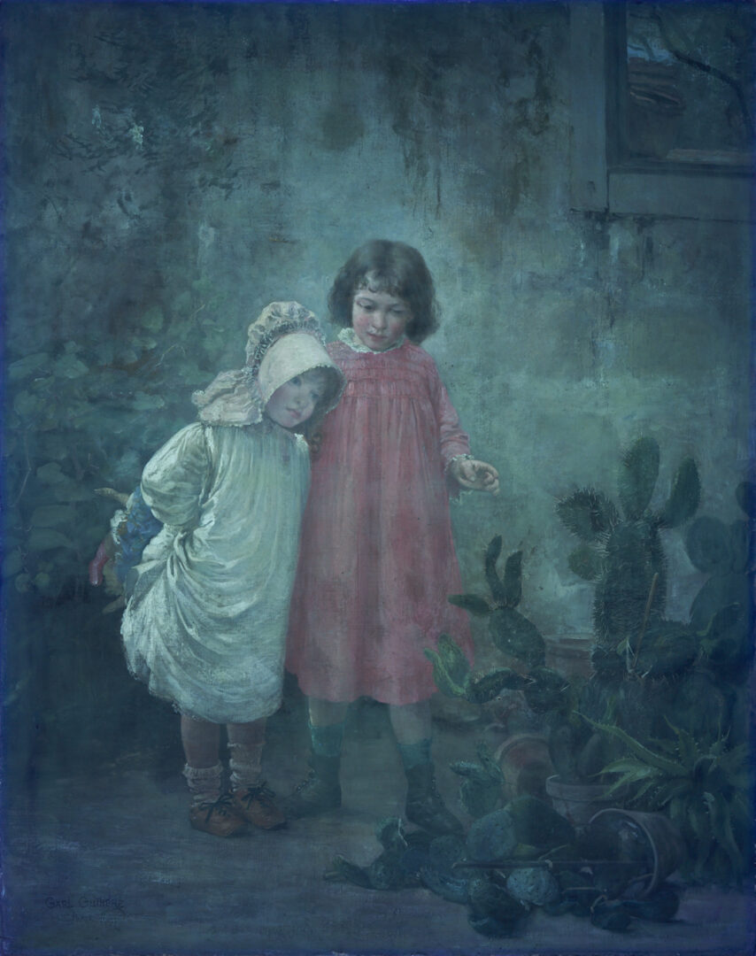 Lot 215: Carl Gutherz O/C Painting, Two Girls w/ Cactus