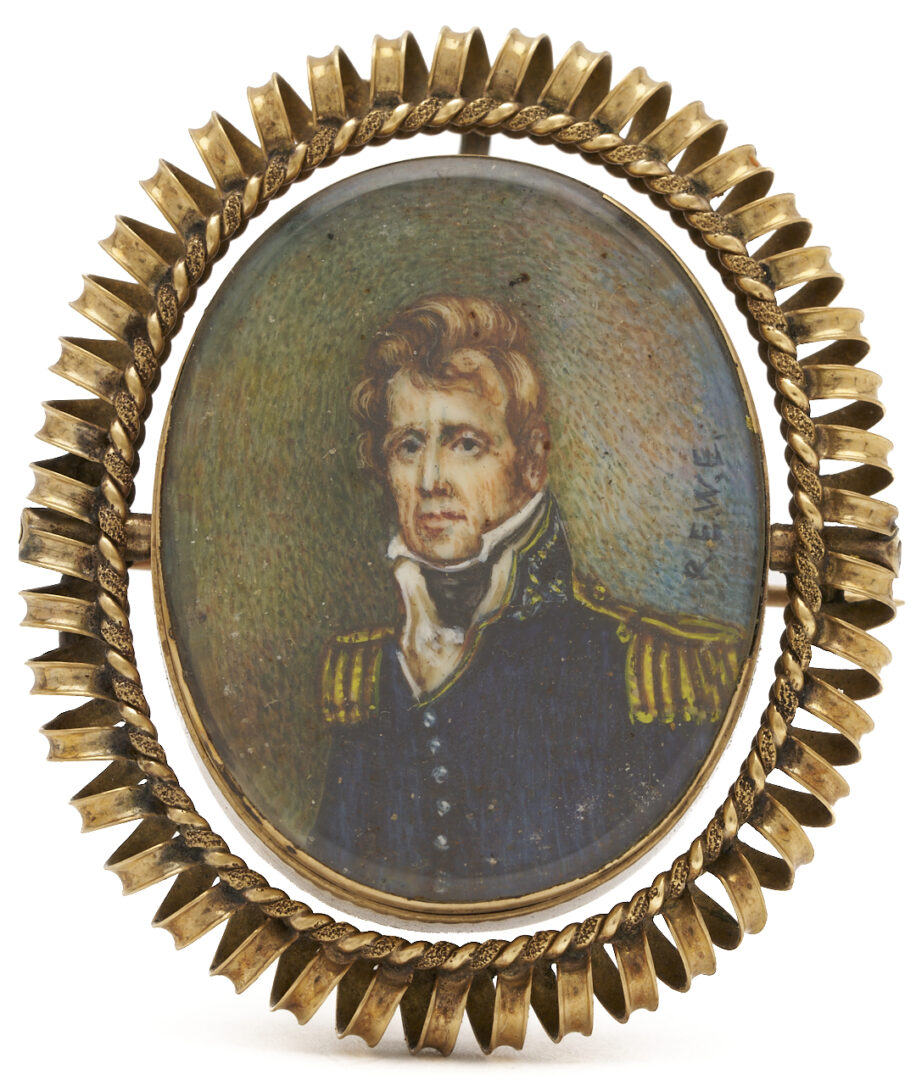 Lot 223: Ralph Earl Andrew Jackson Portrait Miniature w/ 14K Brooch & Lock of Hair