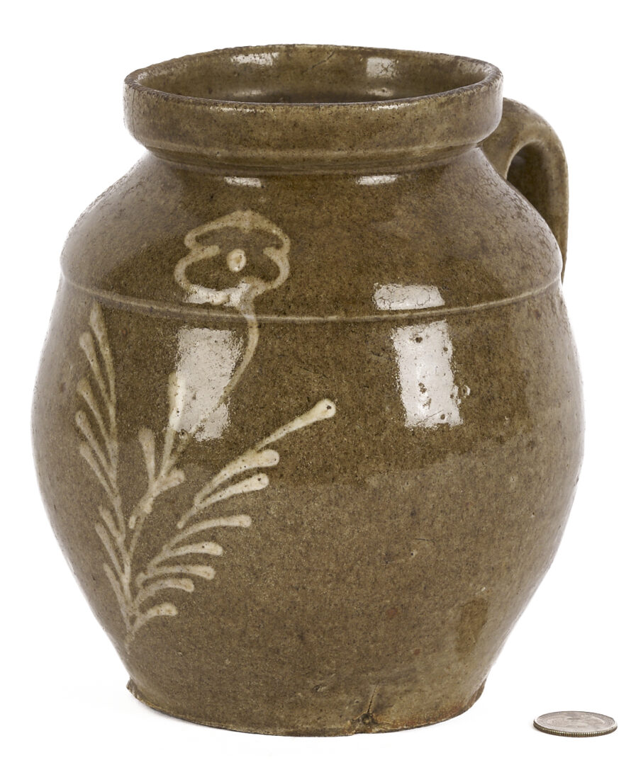 Lot 245: SC Edgefield District Pottery Handled Jar, Kaolin Slip Flower