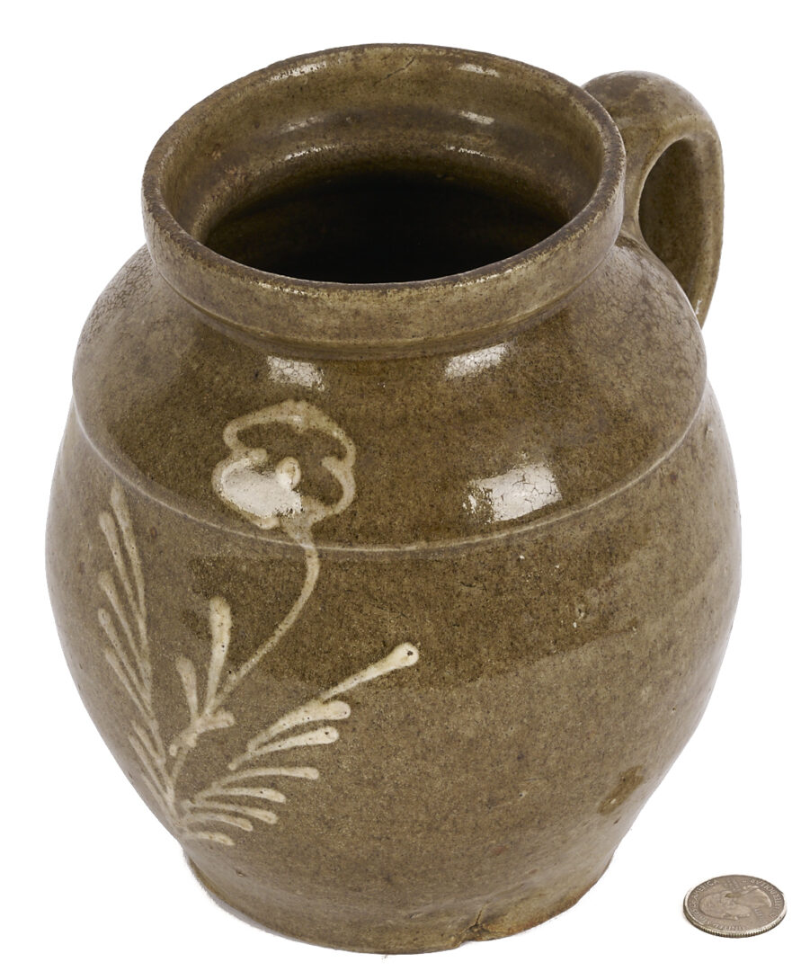 Lot 245: SC Edgefield District Pottery Handled Jar, Kaolin Slip Flower