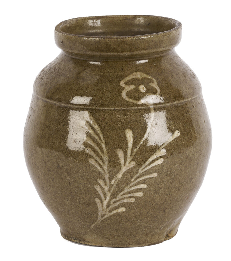 Lot 245: SC Edgefield District Pottery Handled Jar, Kaolin Slip Flower