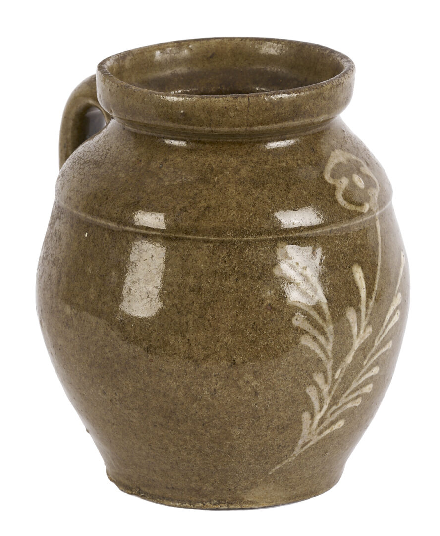 Lot 245: SC Edgefield District Pottery Handled Jar, Kaolin Slip Flower