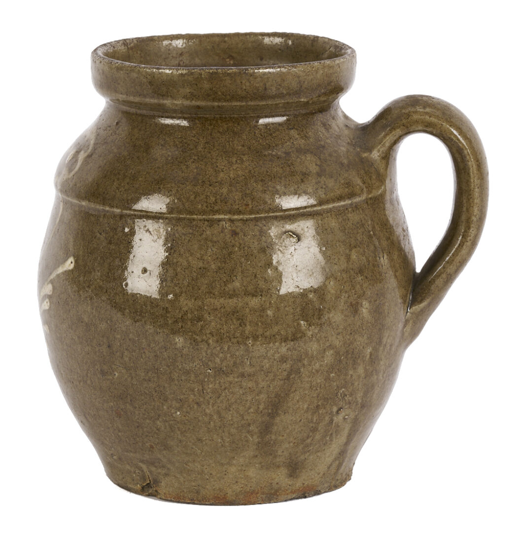 Lot 245: SC Edgefield District Pottery Handled Jar, Kaolin Slip Flower