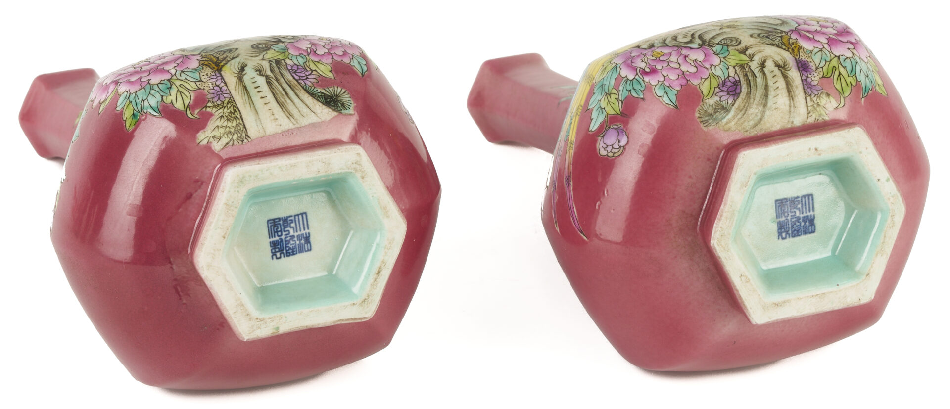 Lot 24: Pair Chinese Famille Rose Hexagonal Vases, Turquoise Interiors