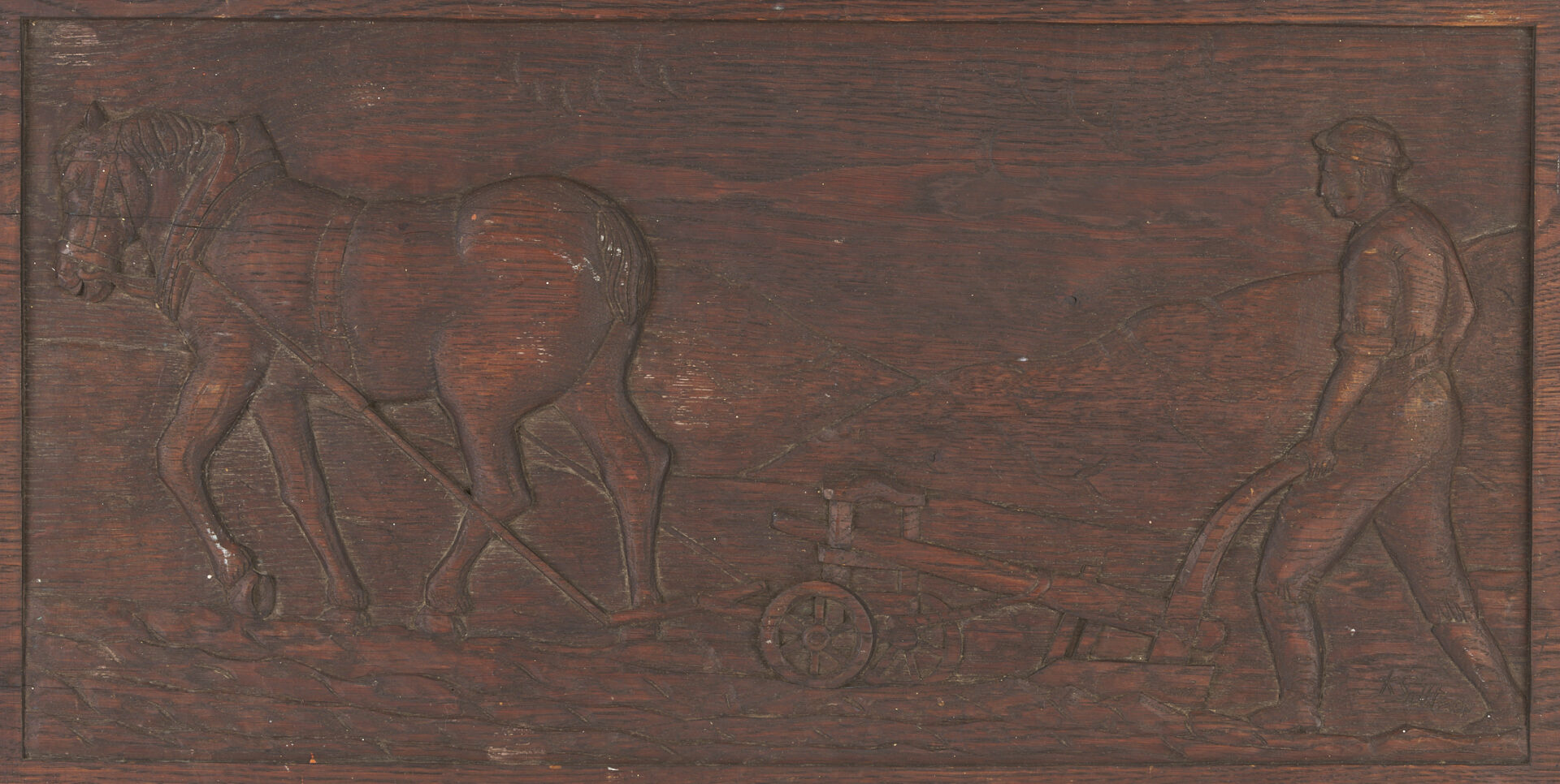 Lot 252: Folk Art Carved Panel, Man with Plow