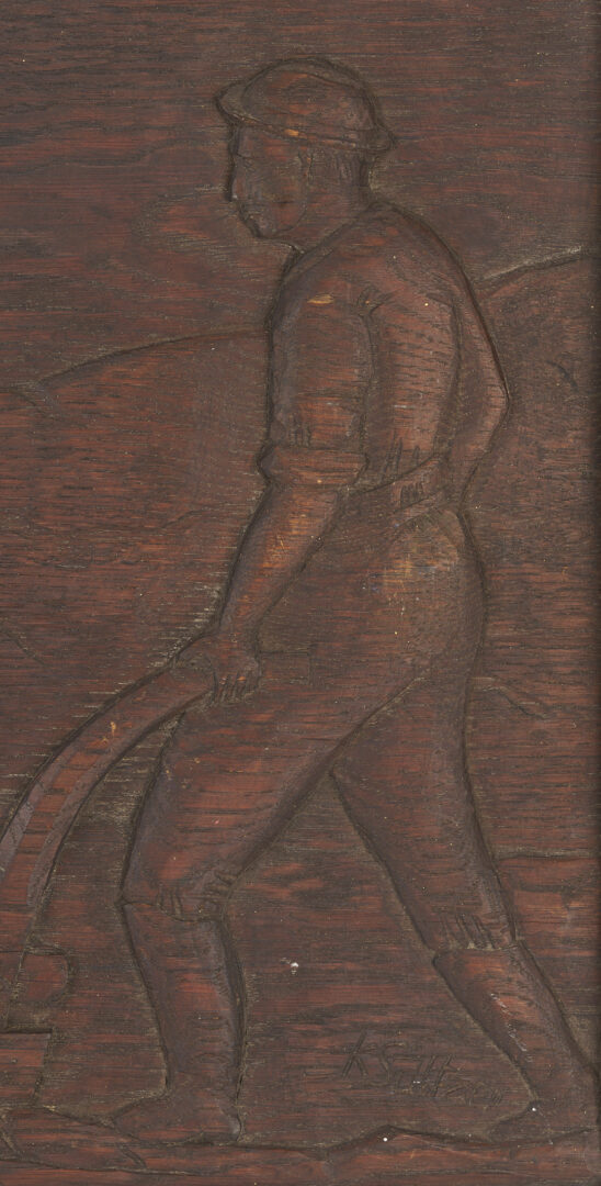 Lot 252: Folk Art Carved Panel, Man with Plow