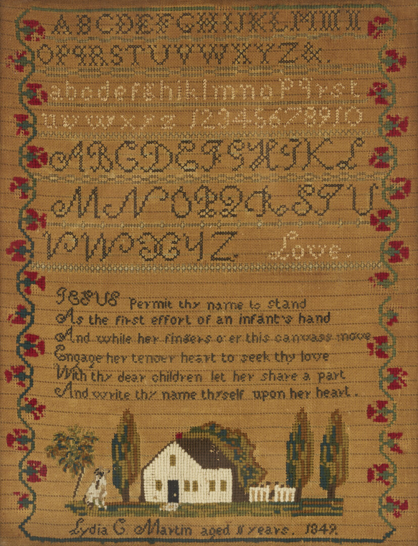 Lot 260: New Hampshire Schoolgirl Sampler, House and Dog