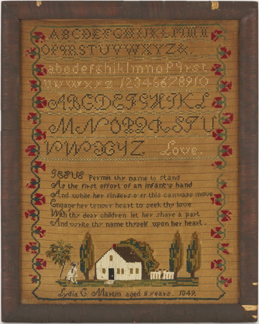 Lot 260: New Hampshire Schoolgirl Sampler, House and Dog