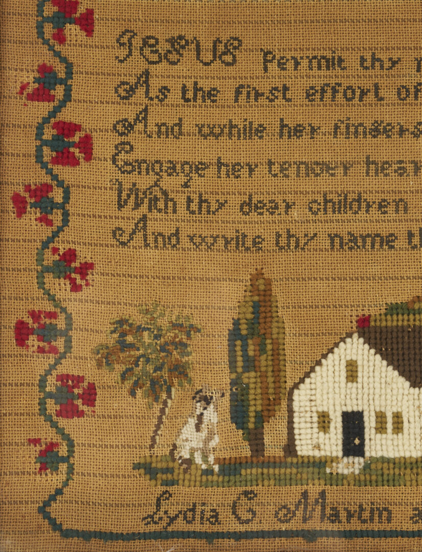 Lot 260: New Hampshire Schoolgirl Sampler, House and Dog