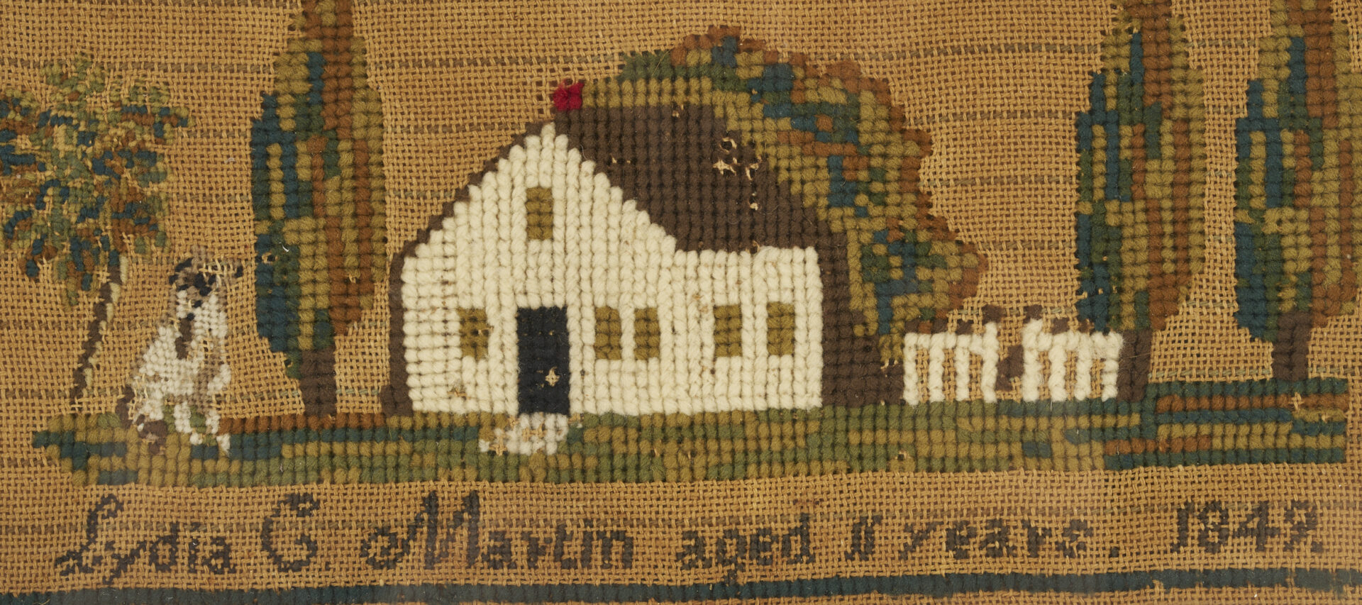 Lot 260: New Hampshire Schoolgirl Sampler, House and Dog