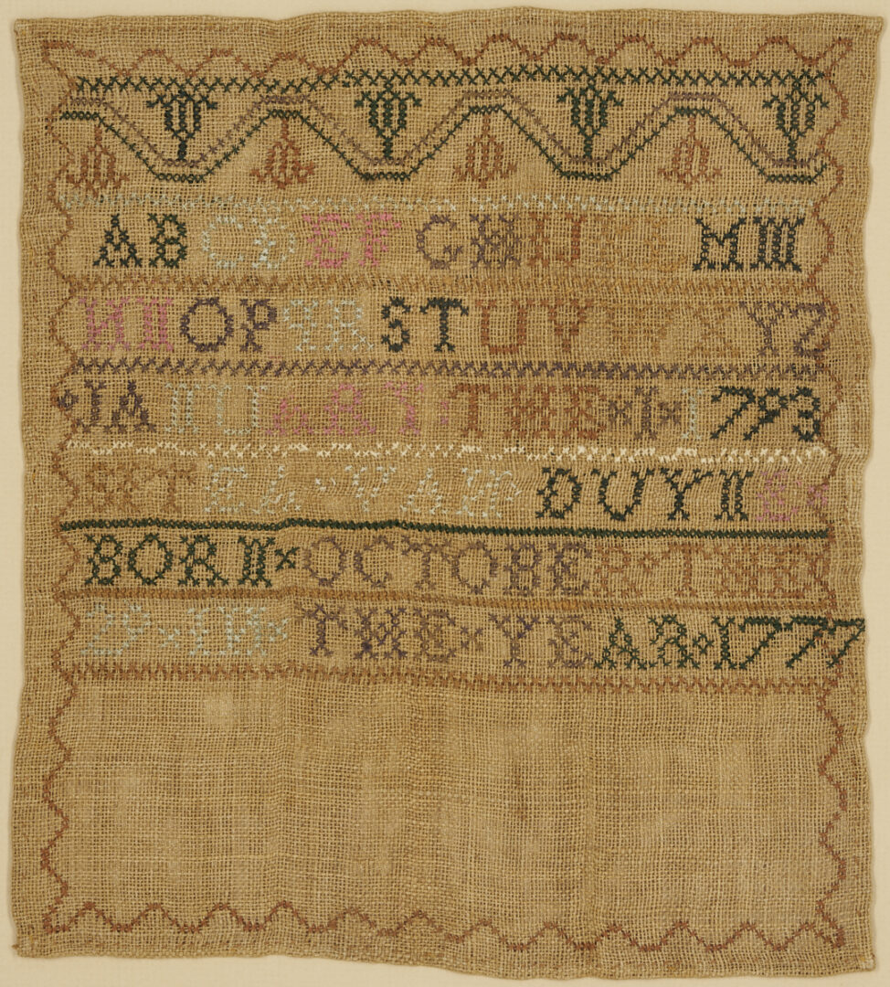 Lot 261: 2 18th C. Needlework Samplers incl. New Jersey