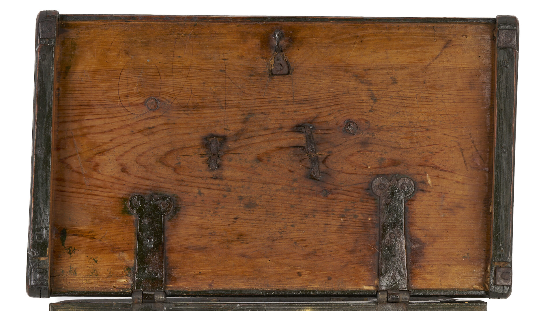 Lot 277: Folk Art Painted Box with Handwrought Iron Mounts