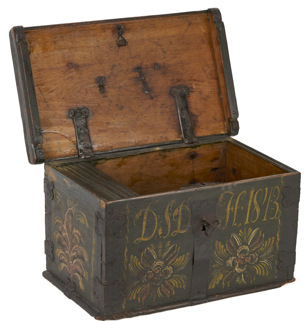 Lot 277: Folk Art Painted Box with Handwrought Iron Mounts