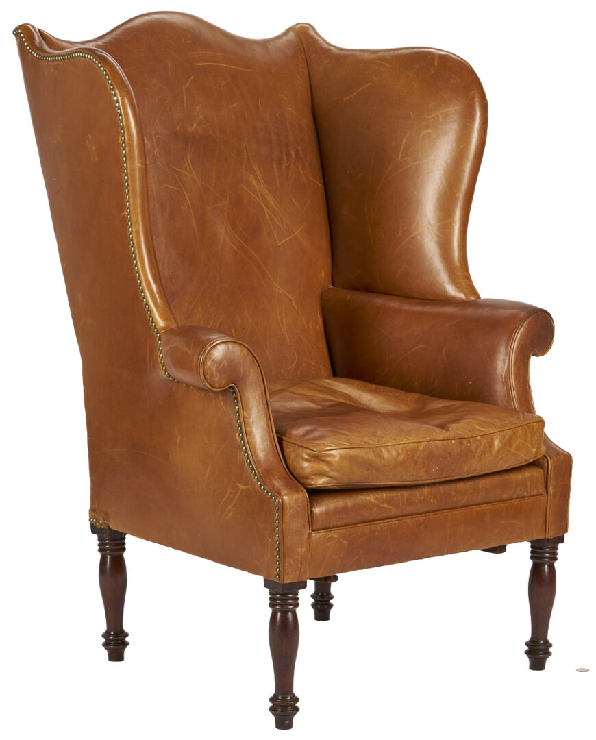 Lot 278: English Sheraton Leather Wingback Chair