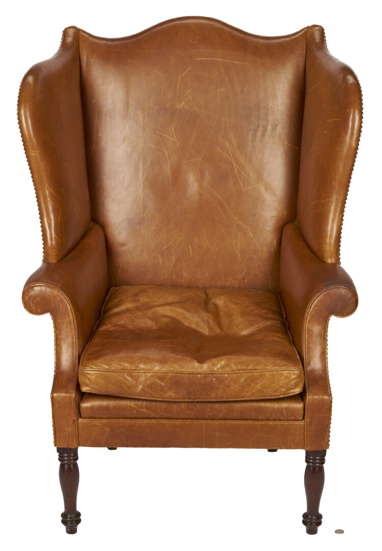 Lot 278: English Sheraton Leather Wingback Chair