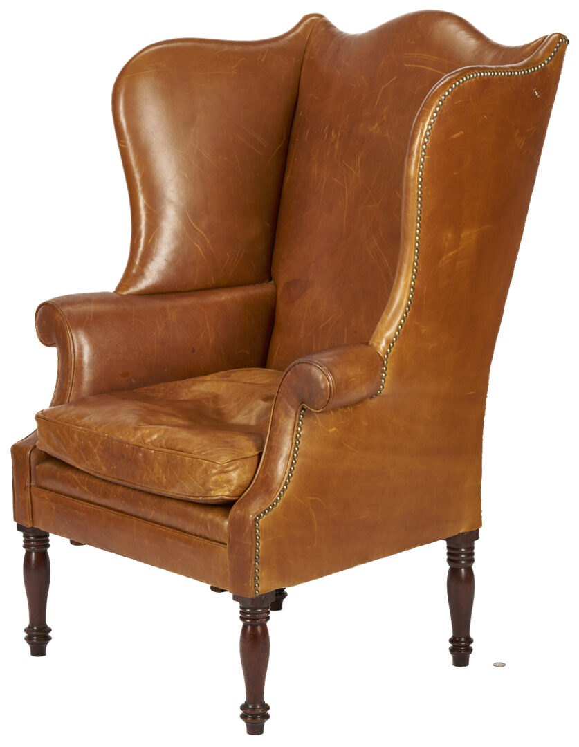 Lot 278: English Sheraton Leather Wingback Chair