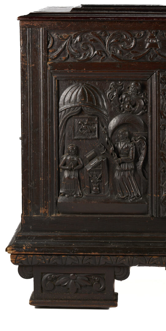 Lot 280: Continental Carved Cassone on Frame, Religious Motifs