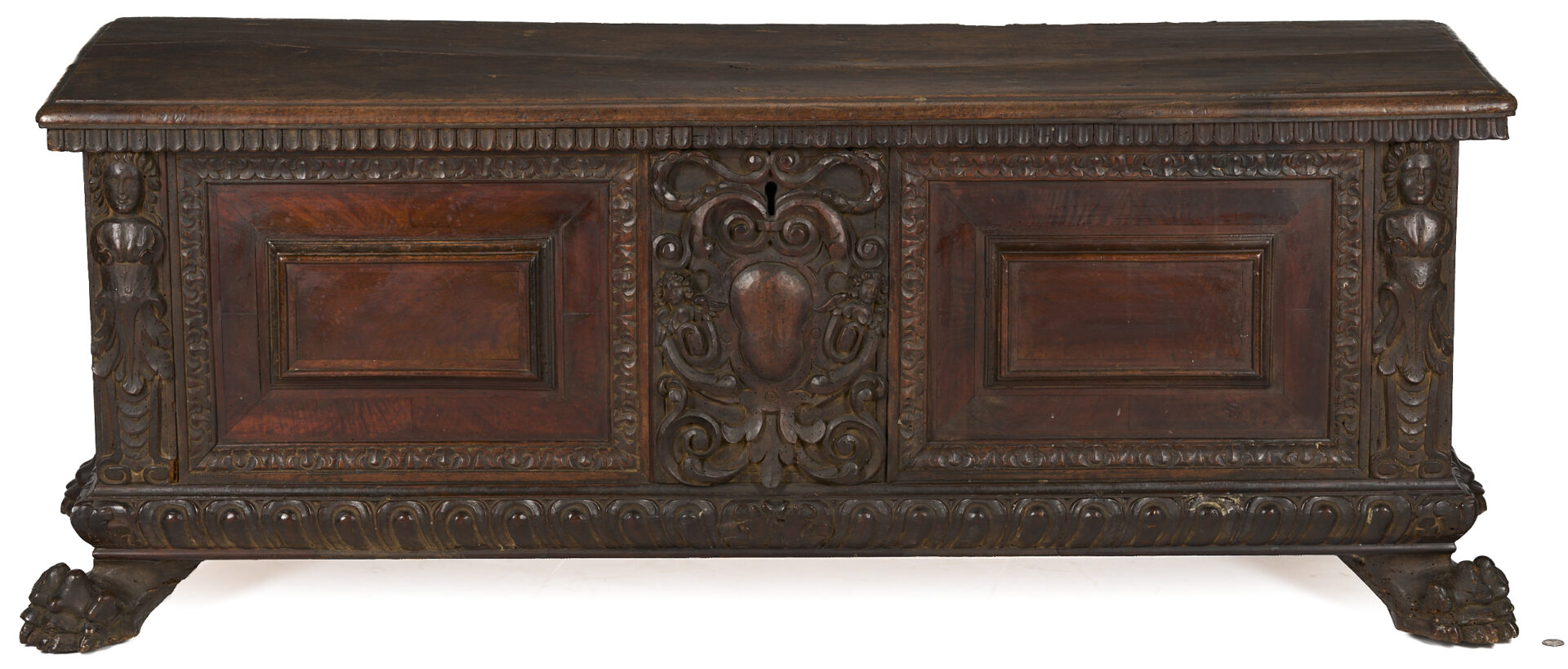 Lot 281: Italian Relief Carved Walnut Cassone, Paw Feet