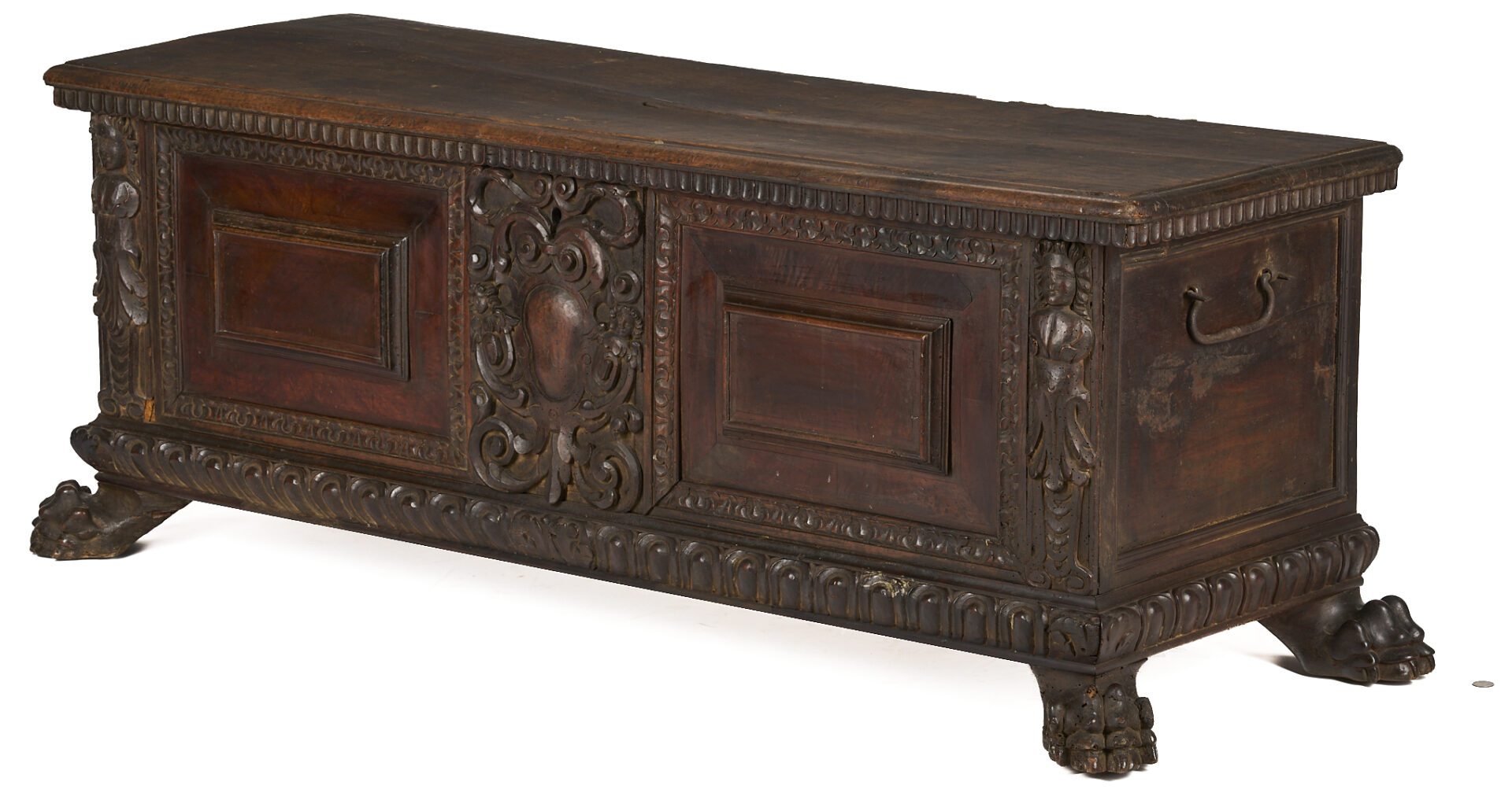 Lot 281: Italian Relief Carved Walnut Cassone, Paw Feet