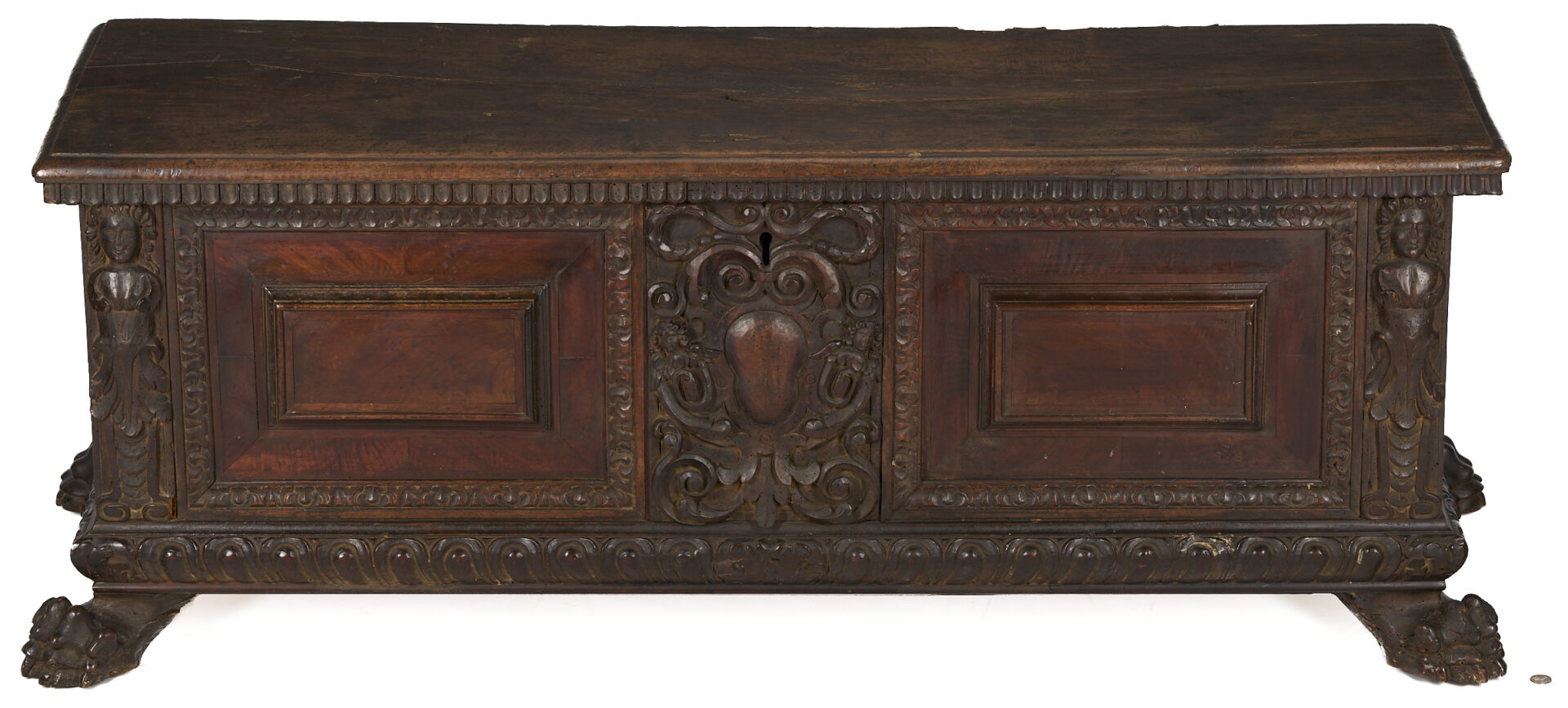 Lot 281: Italian Relief Carved Walnut Cassone, Paw Feet