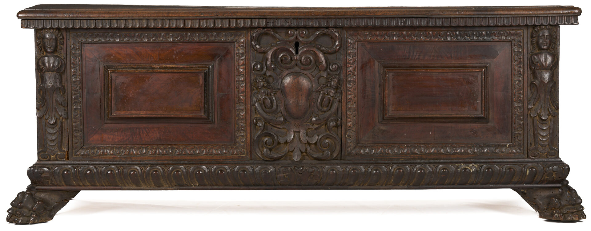 Lot 281: Italian Relief Carved Walnut Cassone, Paw Feet