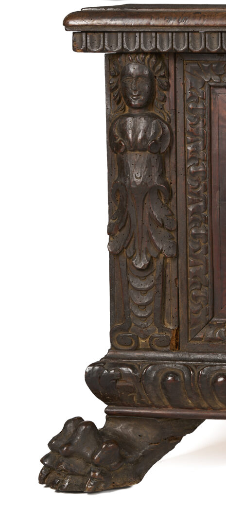 Lot 281: Italian Relief Carved Walnut Cassone, Paw Feet