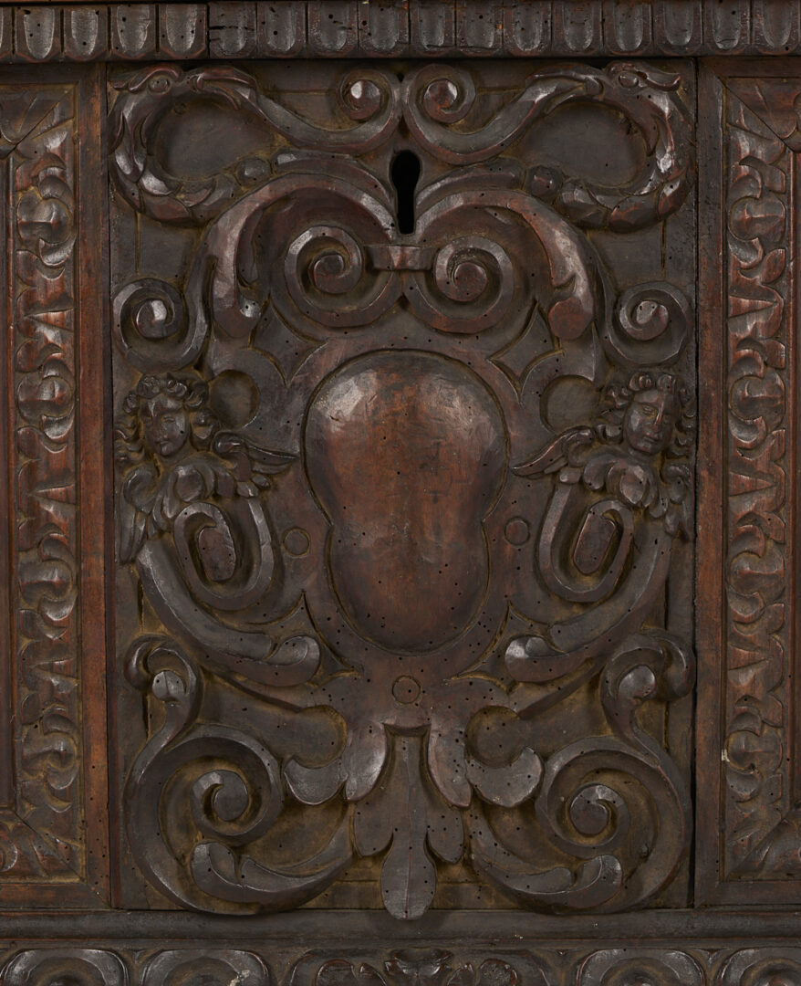 Lot 281: Italian Relief Carved Walnut Cassone, Paw Feet