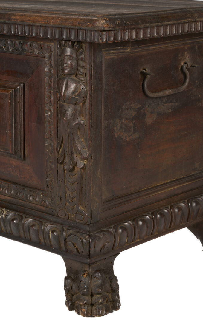 Lot 281: Italian Relief Carved Walnut Cassone, Paw Feet