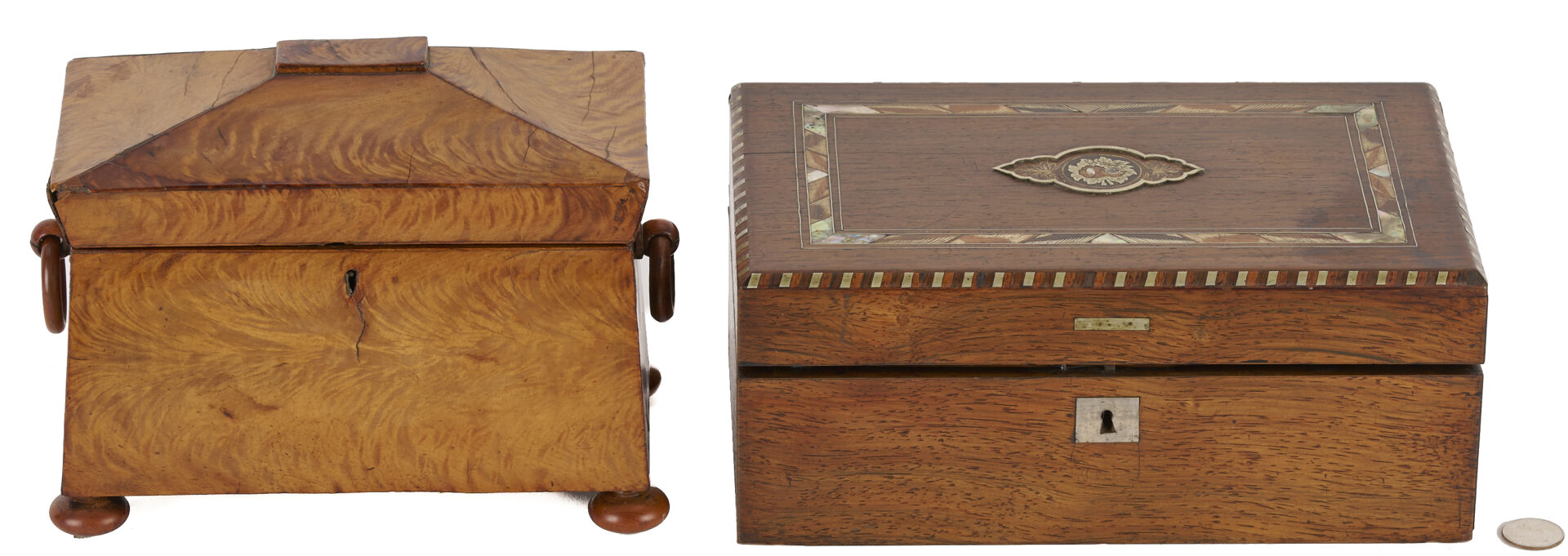 Lot 288: English Burl Wood Tea Caddy plus Inlaid Letter Box