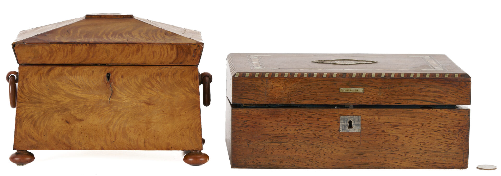 Lot 288: English Burl Wood Tea Caddy plus Inlaid Letter Box