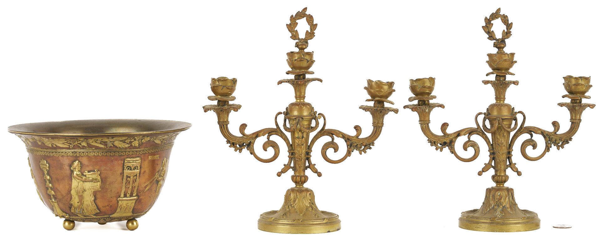 Lot 289: Classical Bronze Bowl, 19th c. plus Candelabra