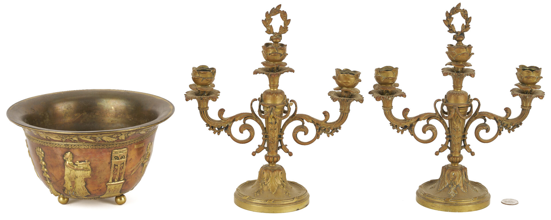 Lot 289: Classical Bronze Bowl, 19th c. plus Candelabra