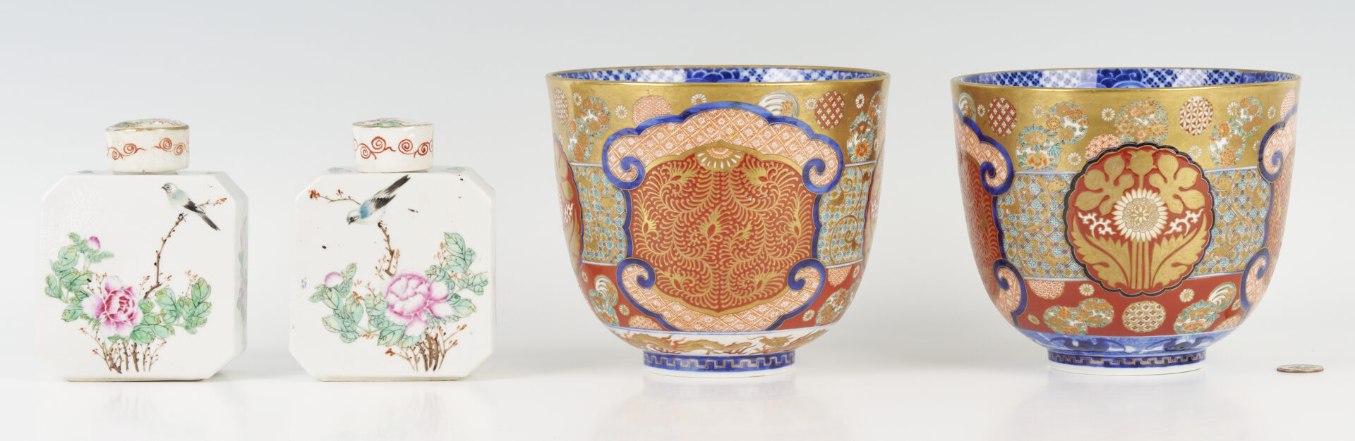 Lot 28: 2 Imari Fukagawa Bowls plus 2 Chinese Export Tea Caddies