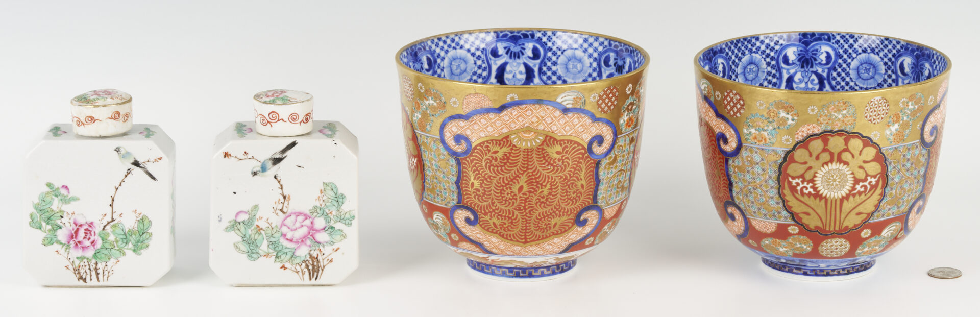 Lot 28: 2 Imari Fukagawa Bowls plus 2 Chinese Export Tea Caddies