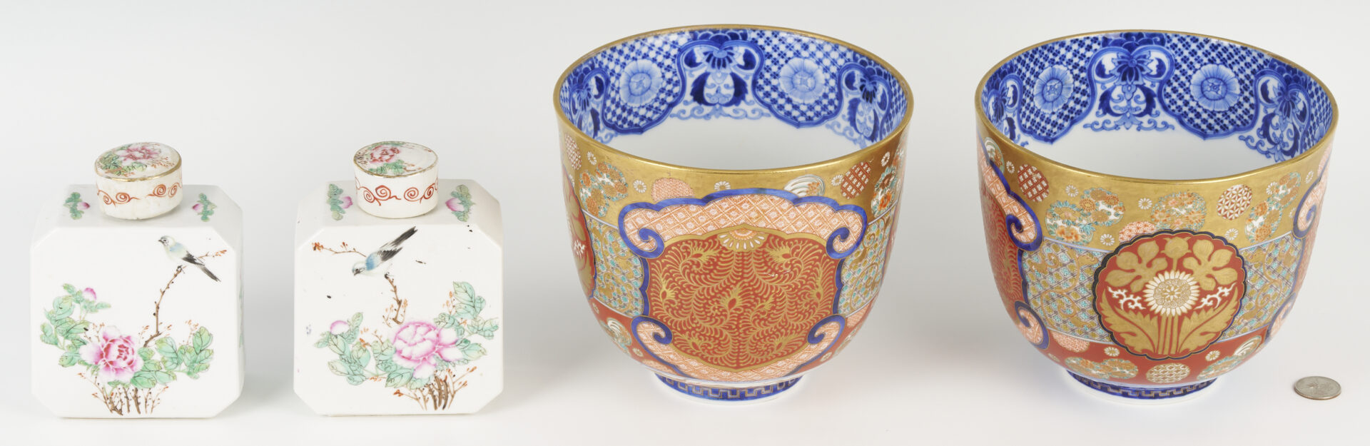 Lot 28: 2 Imari Fukagawa Bowls plus 2 Chinese Export Tea Caddies